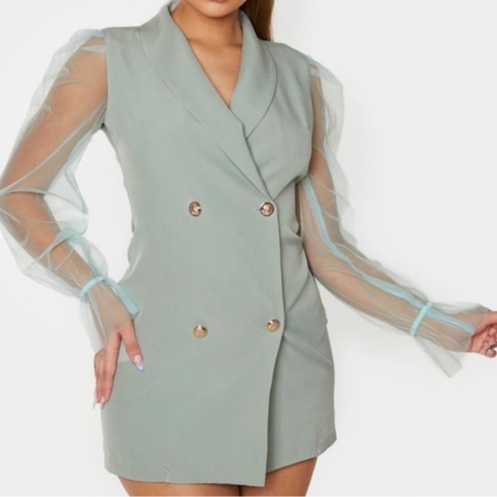 NWTS Pretty little thing Sage Green button up Dress blazer organza sleeves Size8